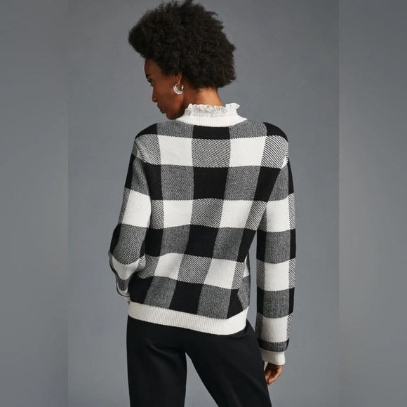 Anthropologie ruffle collar pullover sweater large black white plaid check - Picture 5 of 15